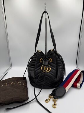 Gucci Black Quilted Matelassé Leather Drawstring Bucket Bag with Gold Hardware